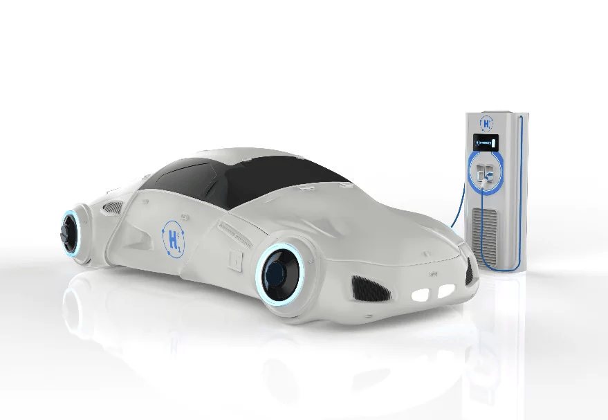 A green hydrogen-powered vehicle parked at the charging point