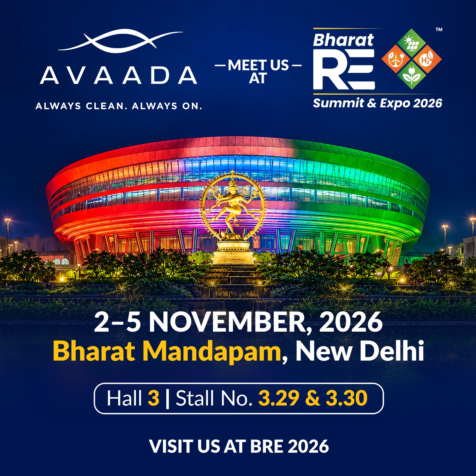 Avaada at Bharat RE Summit & Expo 2026 – 2–5 November 2026, Bharat Mandapam, New Delhi. Hall 3, Stall No. 3.29 & 3.30